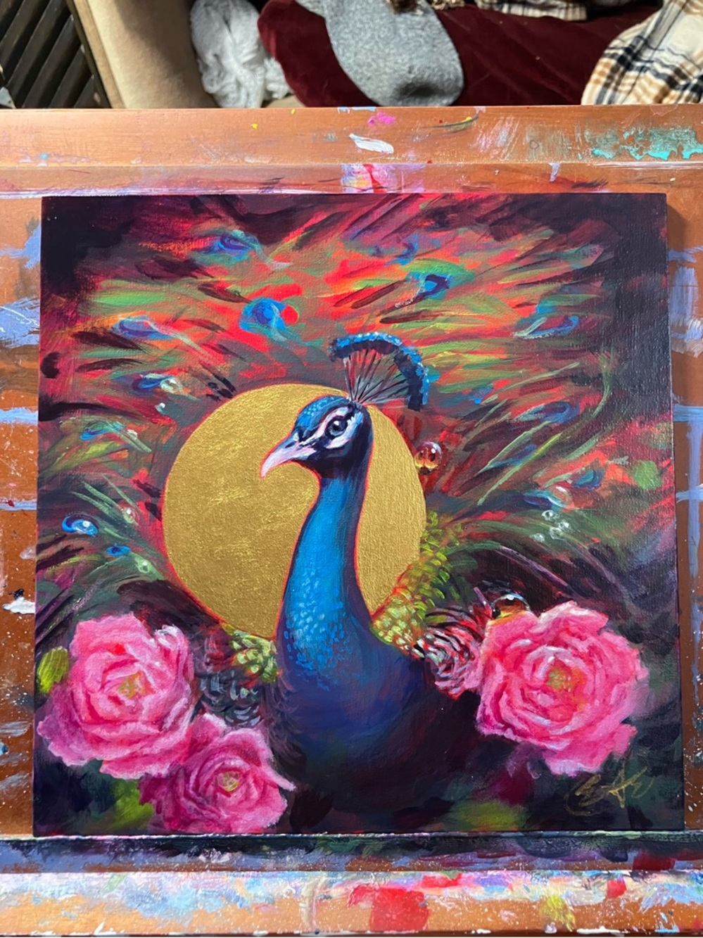 Peacock rose original painting bouquet floral still life surreal Artettina